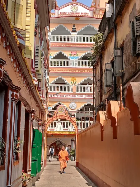 Our Premises: An interior lane of the Bharat Sevashram Sangha complex, with a monk walking between the ornate buildings